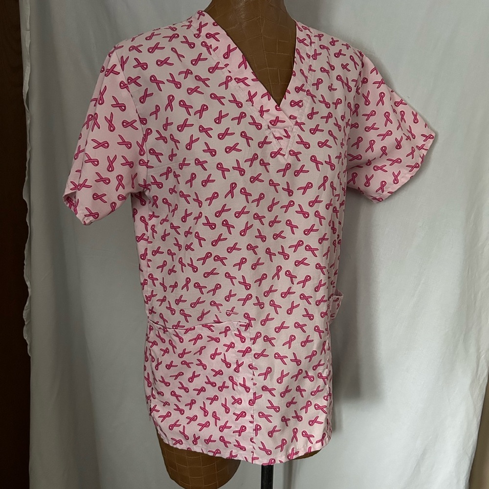Women's Small Pink Breast Cancer Ribbon‎ V-Neck Scrub Top
